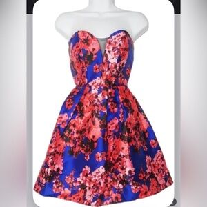 B Darlin Blue and Red Floral Dress (Size 11/12)